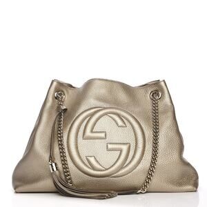 GUCCI Soho Metallic Pebbled Calfskin Large Chain Shoulder Tote Bag